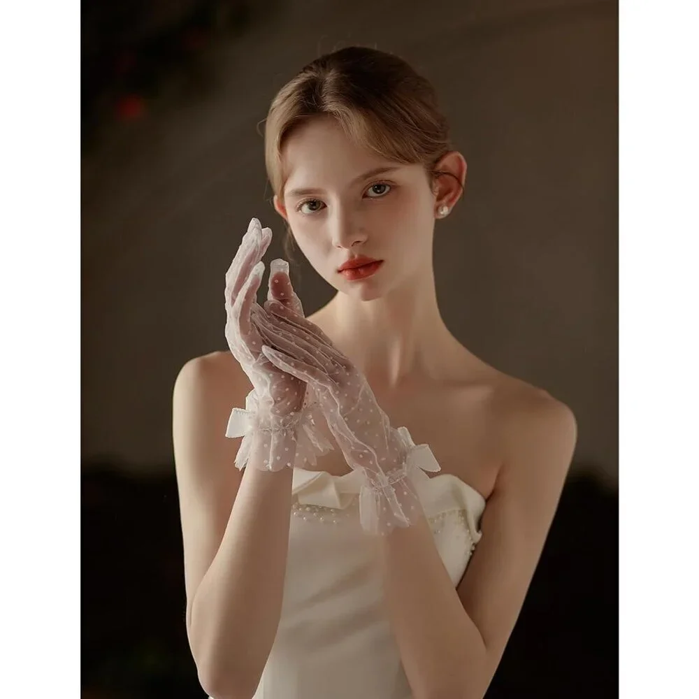 Women's Black Short Polka Dot Lace Bow Mesh Party Wedding Bridal Gloves Prom